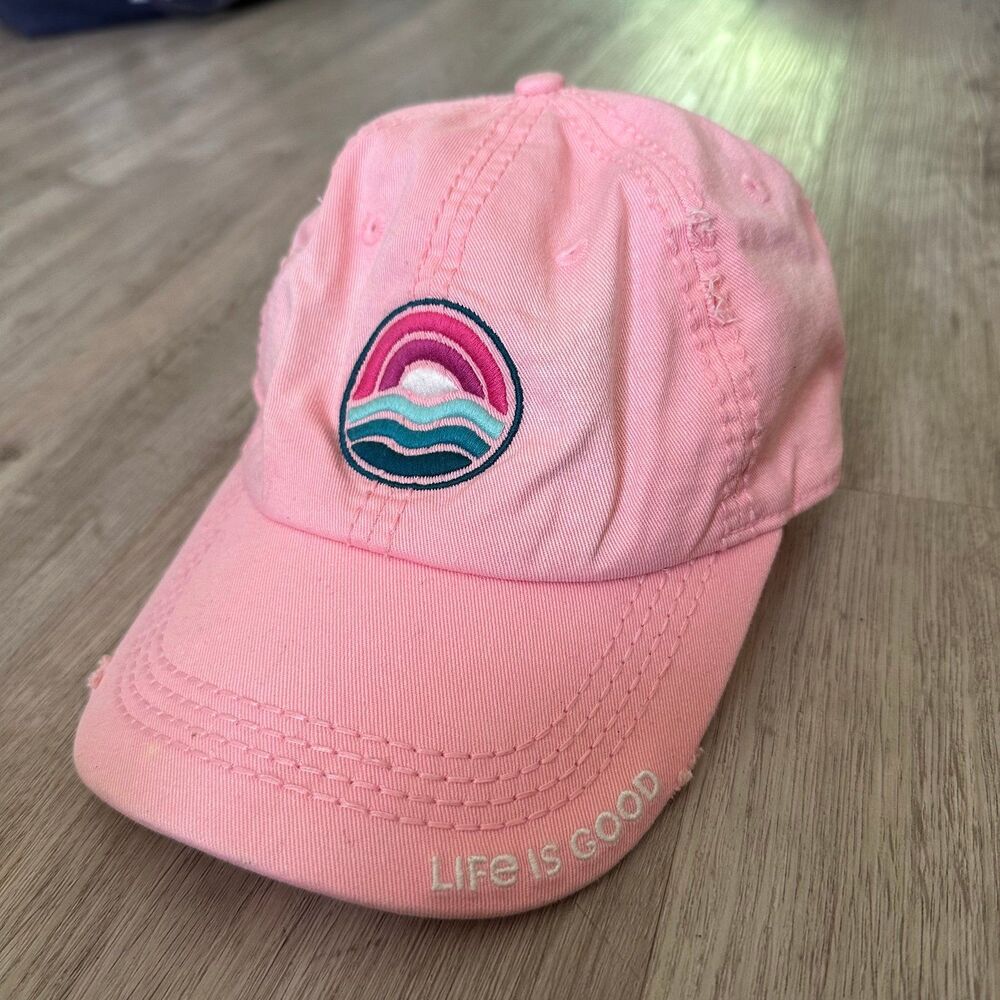 Life Is Good Pink Cotton Stay True Embroidered Sunset Patch Ball Cap Hat OSFM